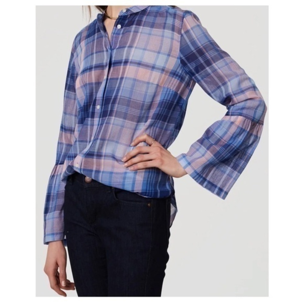 Ann Taylor LOFT Cotton Blue Plaid Bell Sleeve Softened Shirt Top Size Large